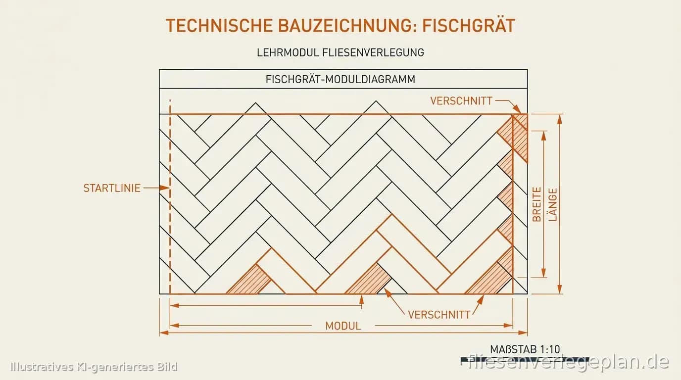 Schema: Fischgrät-Modul mit Rechteckfliesen, Startlinie und Verschnitt am Rand