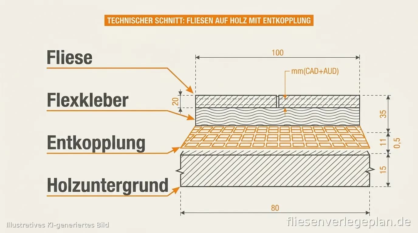 Schema: Aufbau Fliesen auf Holz mit Entkopplung und tragender Lage