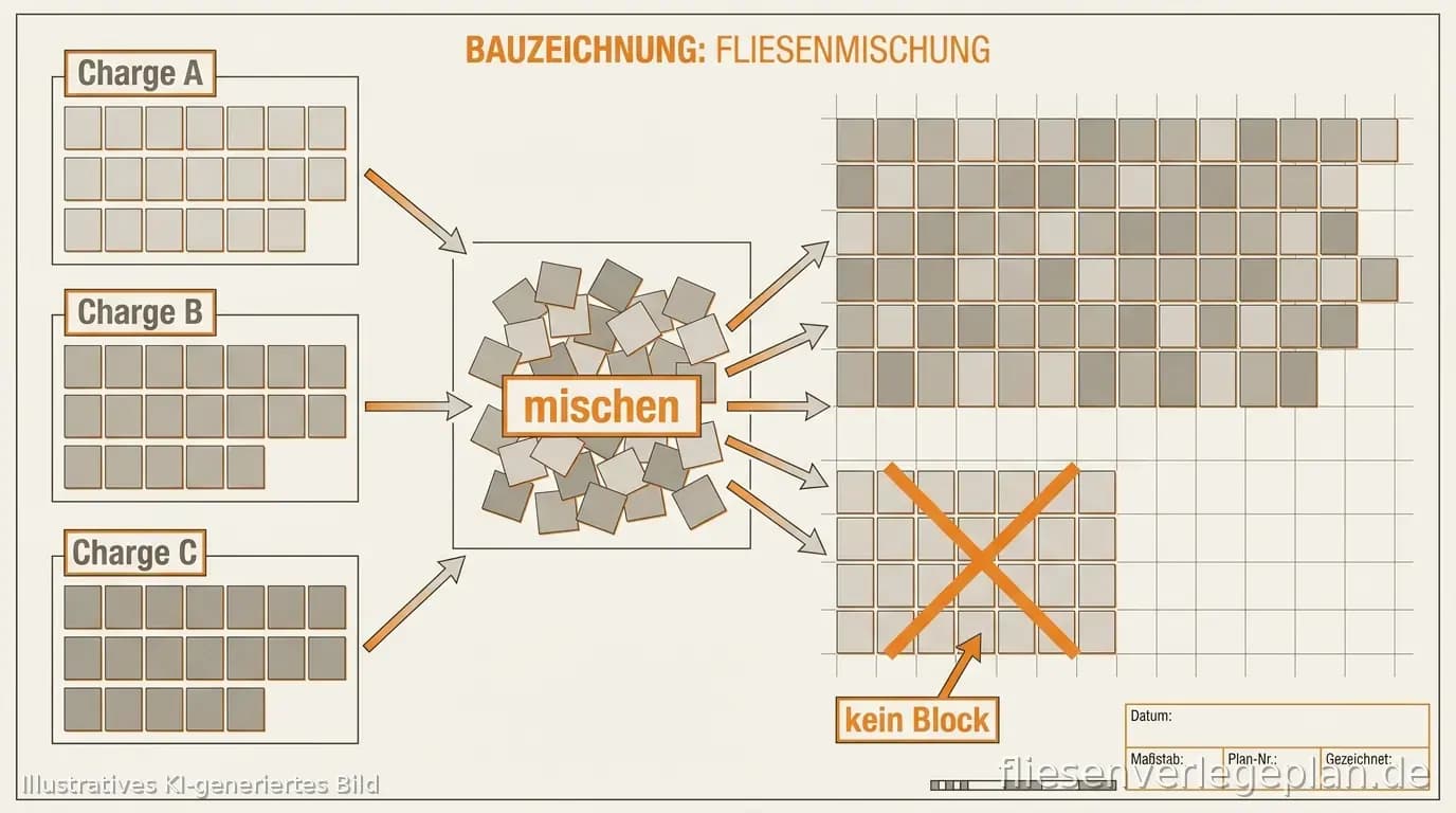 Schema: Fliesen aus mehreren Packungen und Chargen über die Fläche mischen