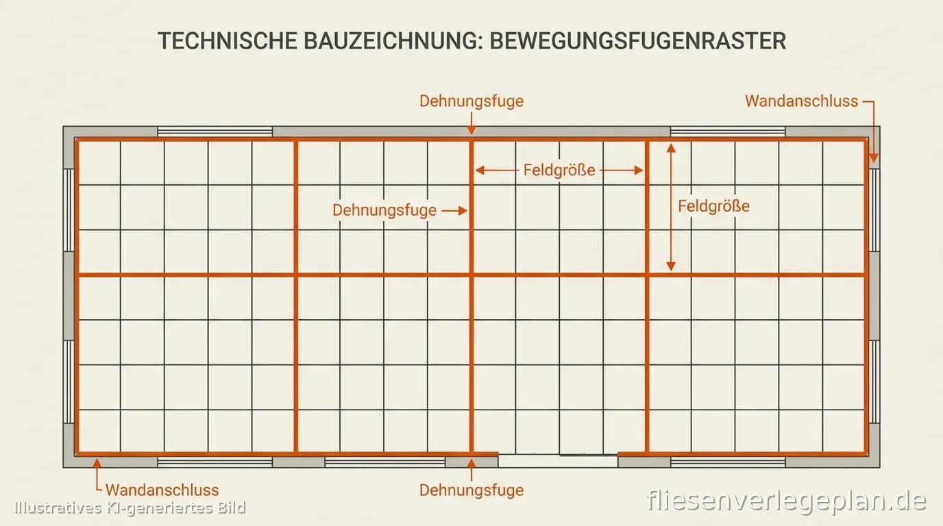 Schema: Dehnungsfugen an Feldgrenzen und Türdurchgang im Fliesenbelag