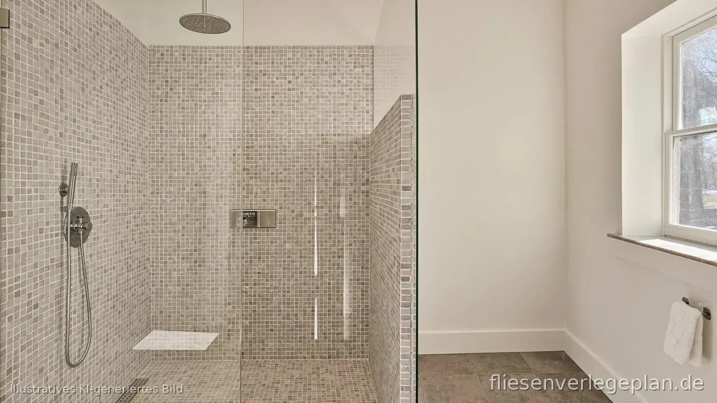 Ebenerdige Dusche mit hellen Bodenfliesen und ruhigem Fugenbild im modernen Bad