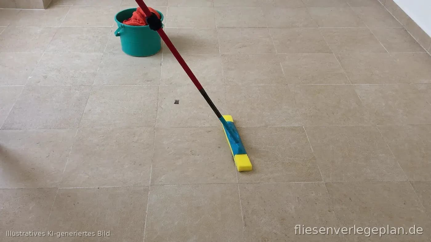 Frisch verlegter heller Fliesenboden bei der Reinigung nach dem Verfugen