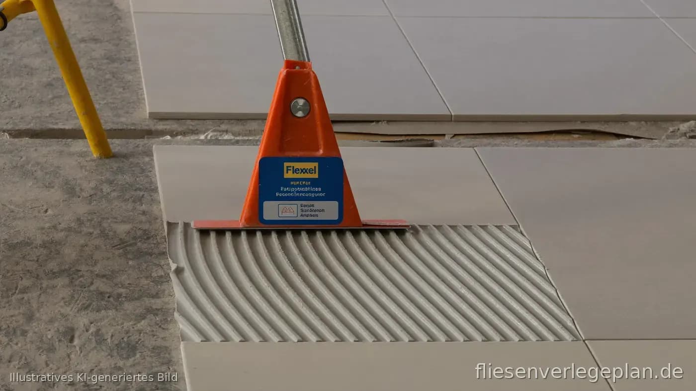 Zahnspachtel mit frischem Fliesenkleber auf dem Estrich neben einer Großformatfliese