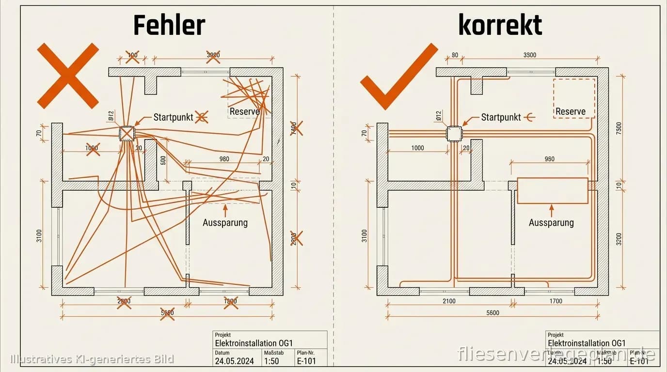 Schema: typische Fehler im Verlegeplan – knappe Reserve, schlechte Startpunktwahl, fehlende Aussparung
