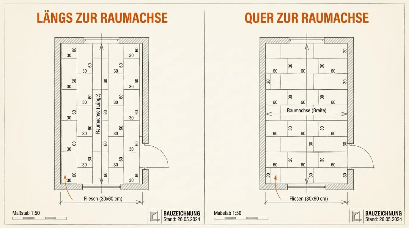 Schema-Vergleich: Rechteckfliesen längs zur Raumtiefe versus quer zur Raumbreite