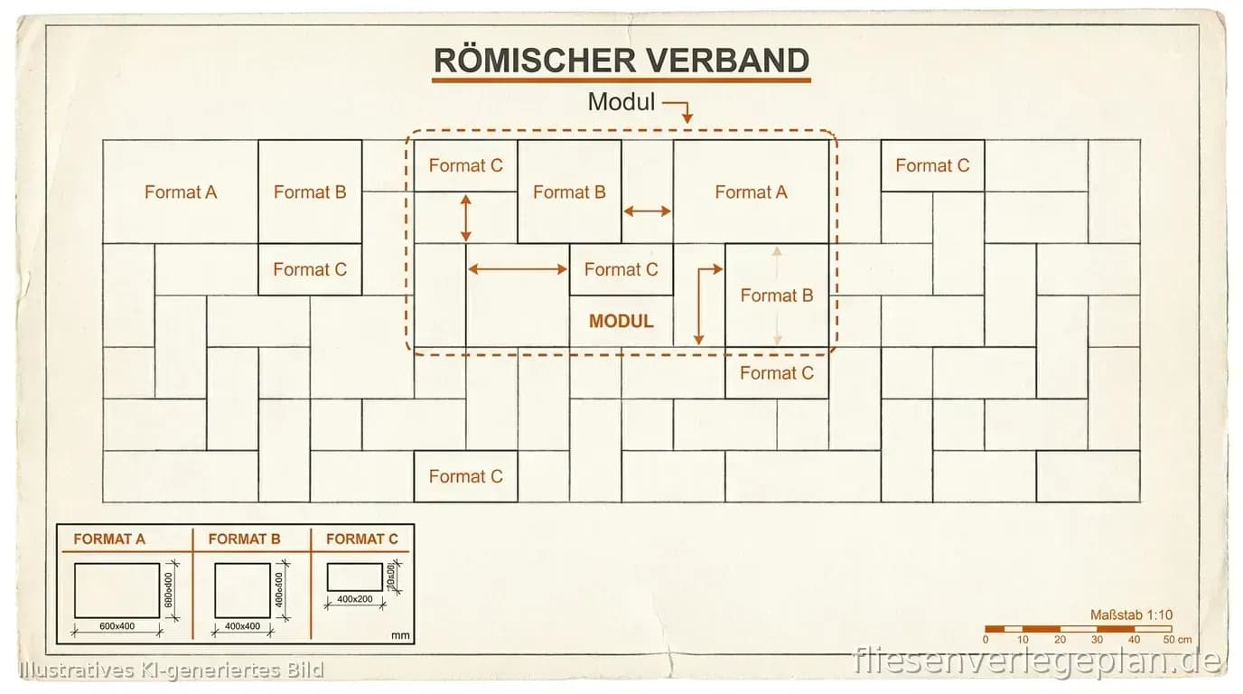 Schema: Römischer Verband mit mehreren Fliesenformaten im wiederkehrenden Raster