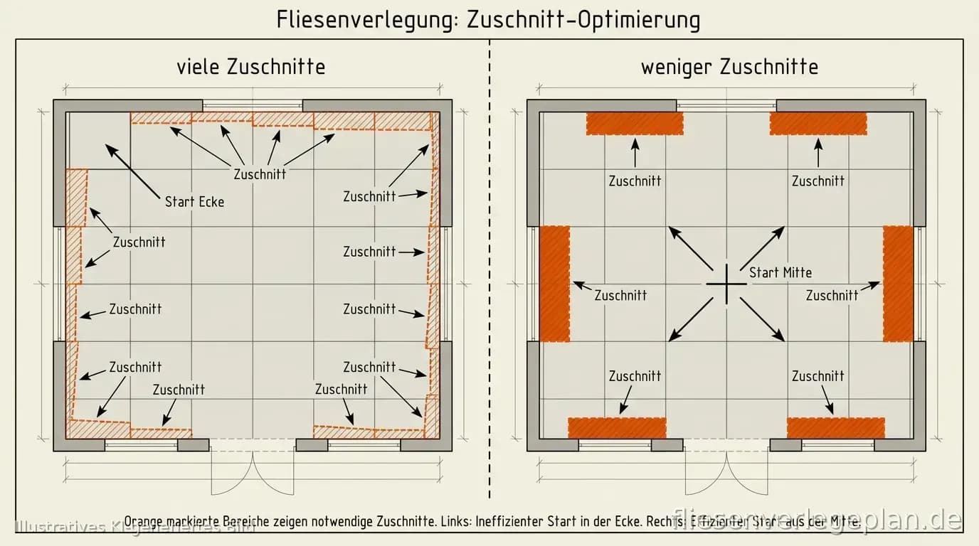 Schema: Vergleich Startpunkt Mitte und Ecke – weniger schmale Zuschnitte am Rand