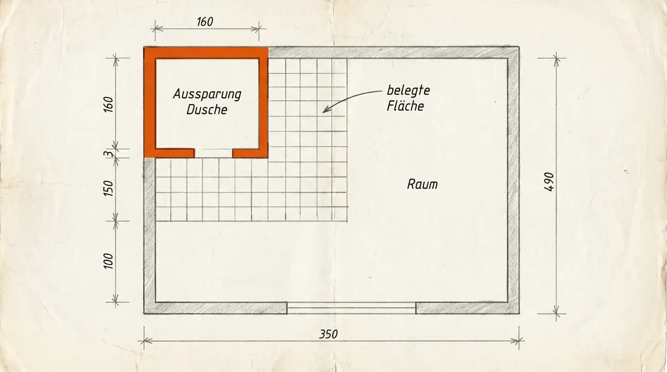 Schema: Fliesenraster mit rechteckigen Aussparungen für Dusche, Kochinsel und Säule