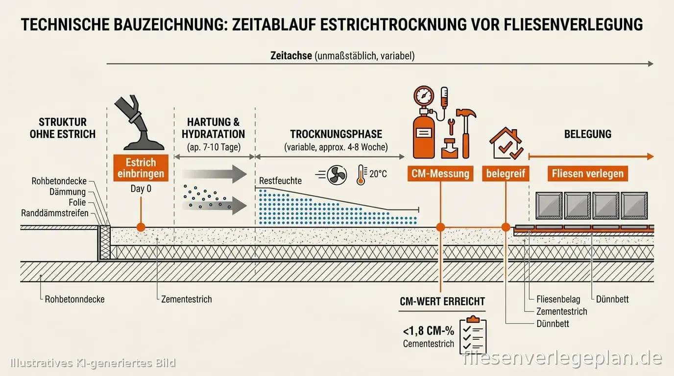 Schema: Estrich-Trockenzeit, Messung und Freigabe vor dem Fliesenverlegen
