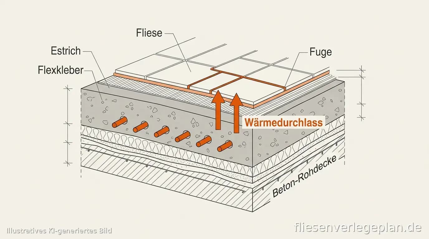 Schema: Fliesenbelag über Estrich mit Fußbodenheizung, Flexkleber und Dehnungsfuge