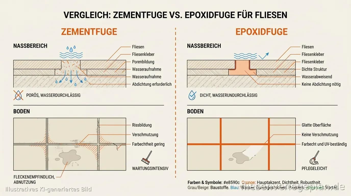 Schema: Vergleich zementäre Fugenmasse, Flexfuge und Epoxidfuge