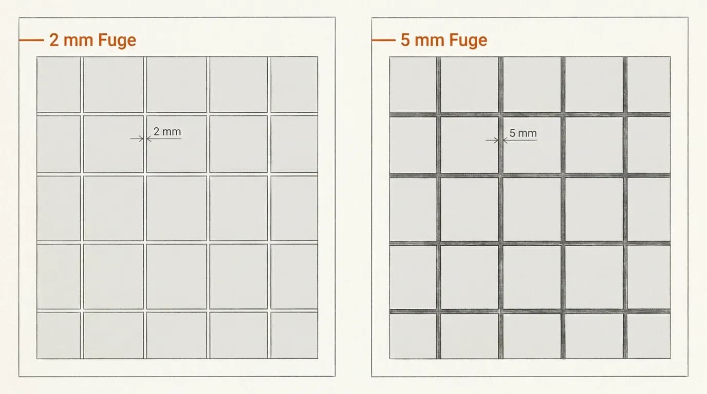 Schema-Vergleich: Fliesenraster mit 2 mm Fuge und mit 5 mm Fuge