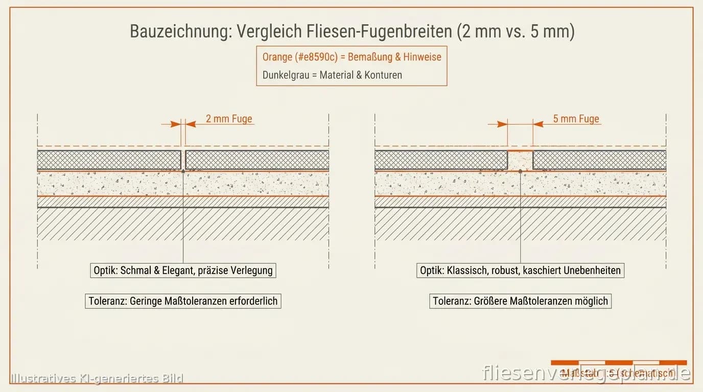 Schema-Vergleich: Fliesenraster mit 2 mm Fuge und mit 5 mm Fuge