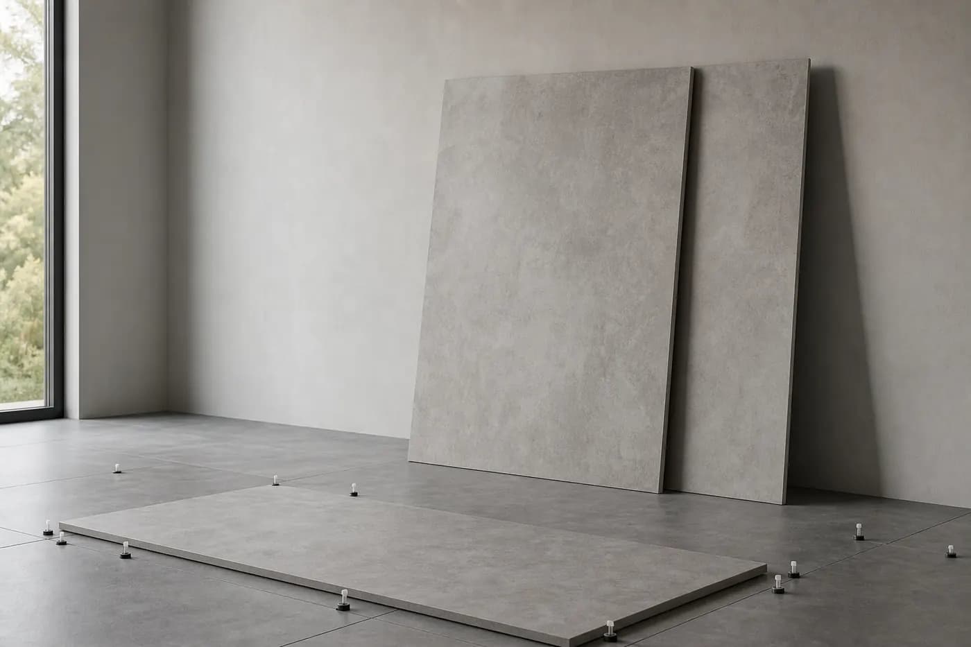 Großformatige helle Bodenfliesen 60×120 in einem minimalistischen Wohnraum – Planung von Format und Untergrund