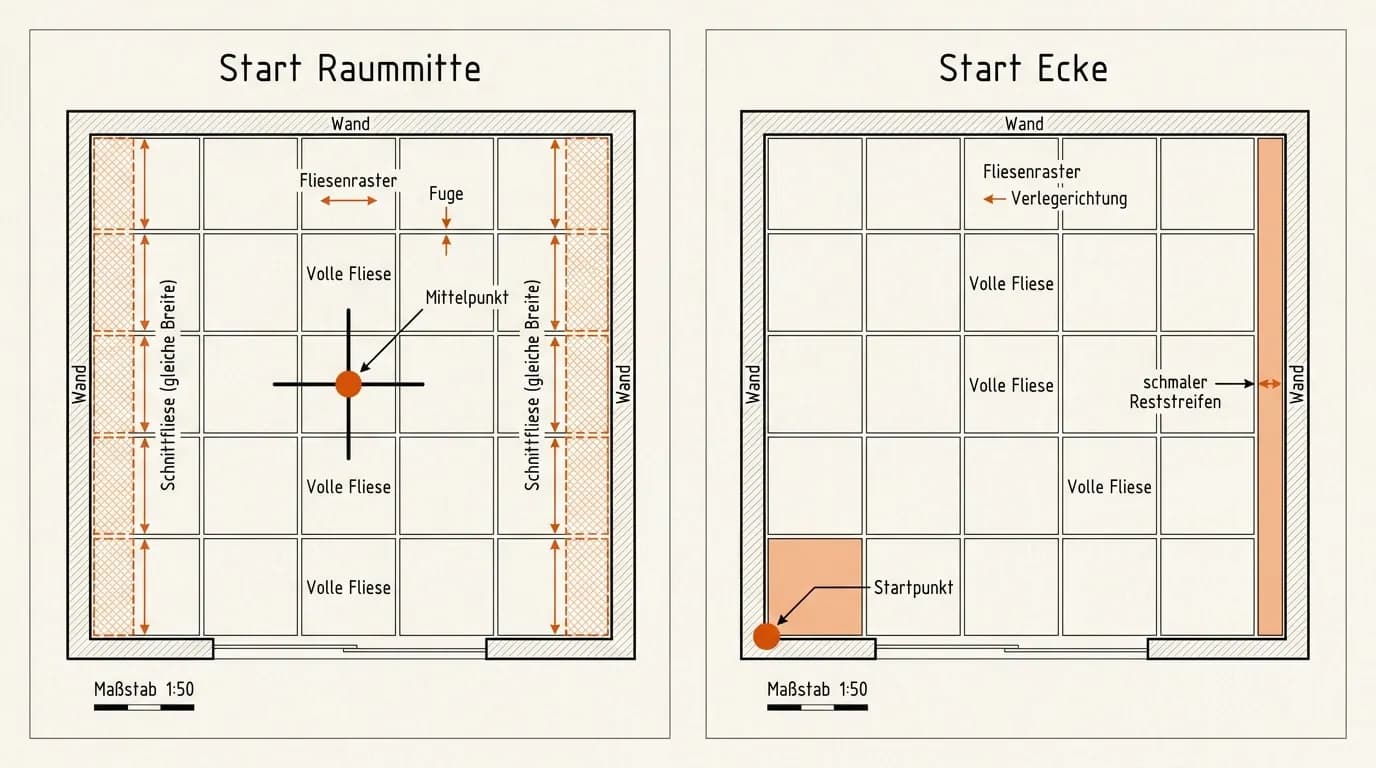 Schema-Vergleich Start Raummitte mit symmetrischen Rändern und Start Ecke mit schmalem Reststreifen