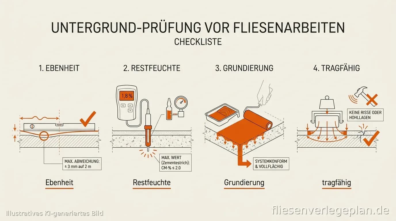Schema: Untergrundaufbau mit Estrich, Grundierung und Fliesenbelag