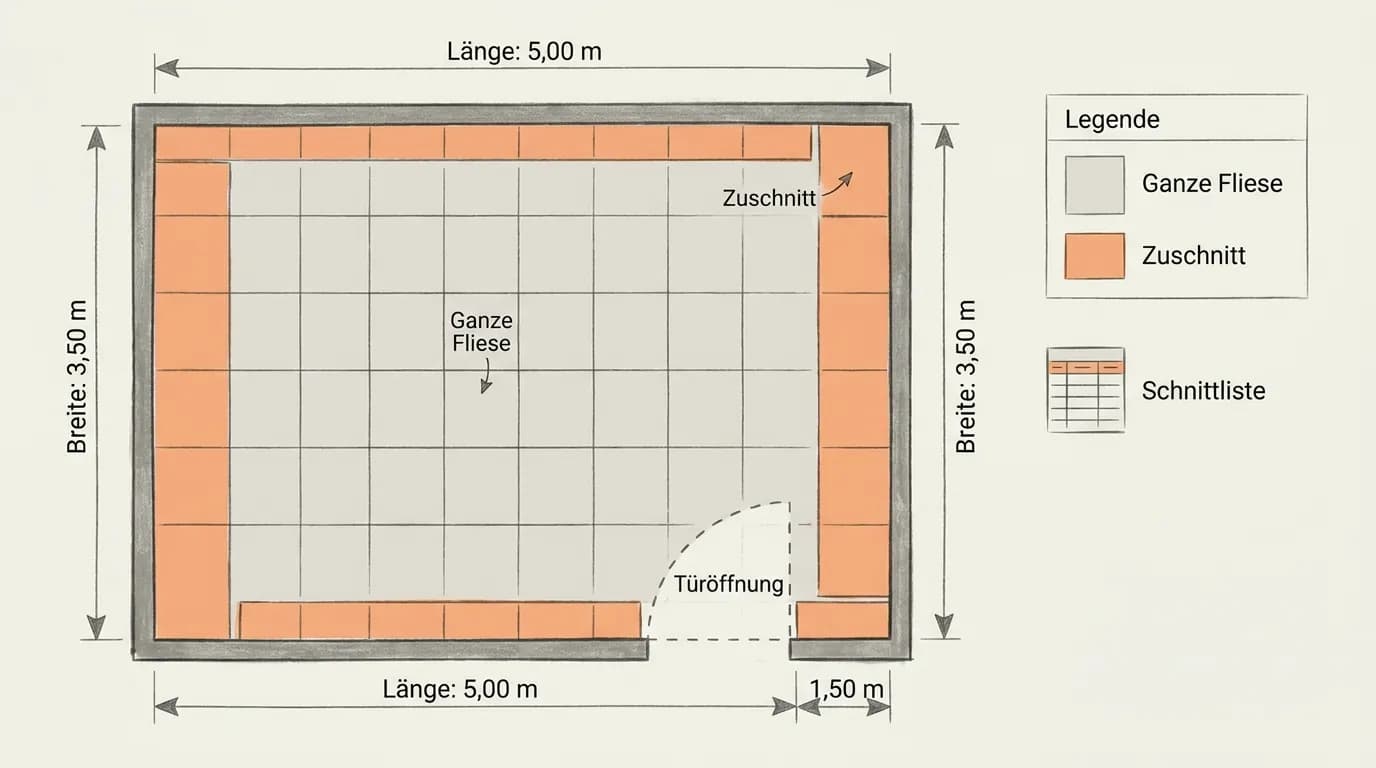 Schema eines Verlegeplans mit Legende für Vollfliesen, Zuschnitte und Aussparungen